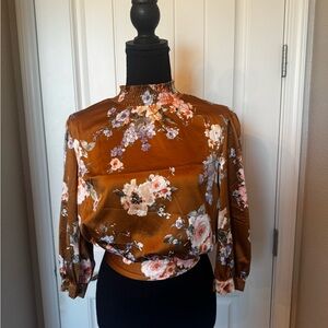 Floral Mock-Neck Satin Blouse in Rust